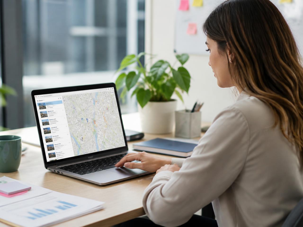 Persona buscando espacios publicitarios en un mapa de la ciudad desde un portátil